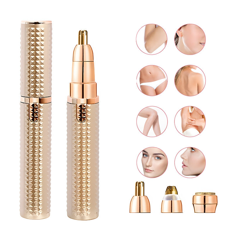 3-in-1 Rechargeable Electric Trimmer for Women - Nose, Eyebrow & Facial Hair Remover with Washable Heads & LED Light Gold