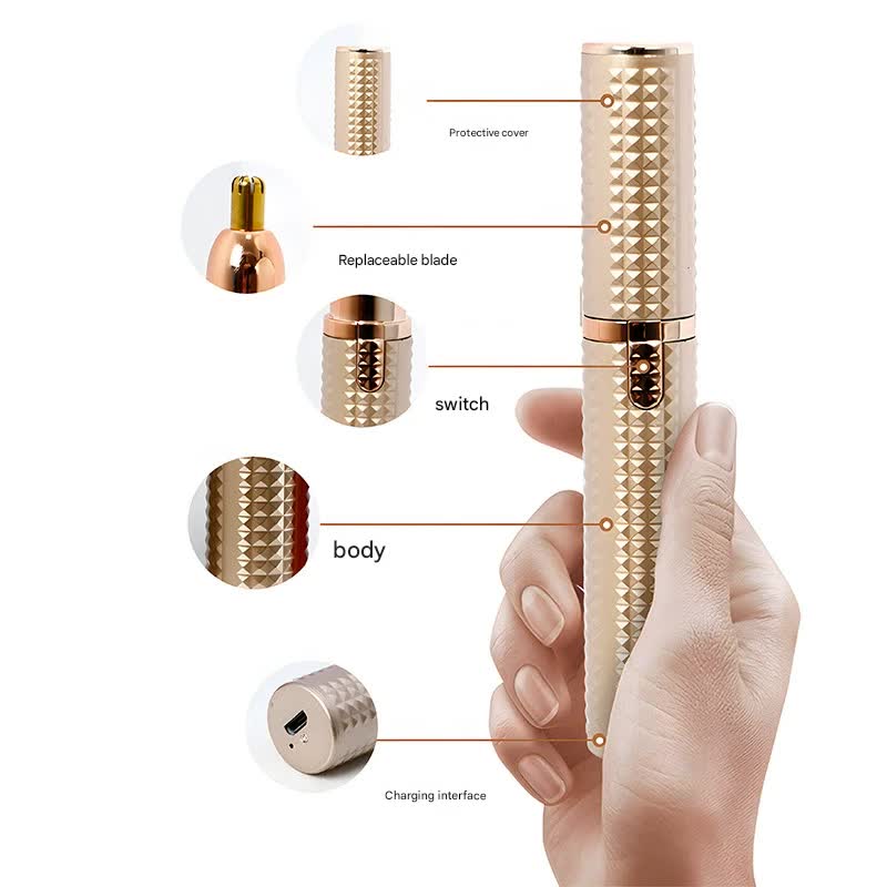 3-in-1 Rechargeable Electric Trimmer for Women - Nose, Eyebrow & Facial Hair Remover with Washable Heads & LED Light Gold