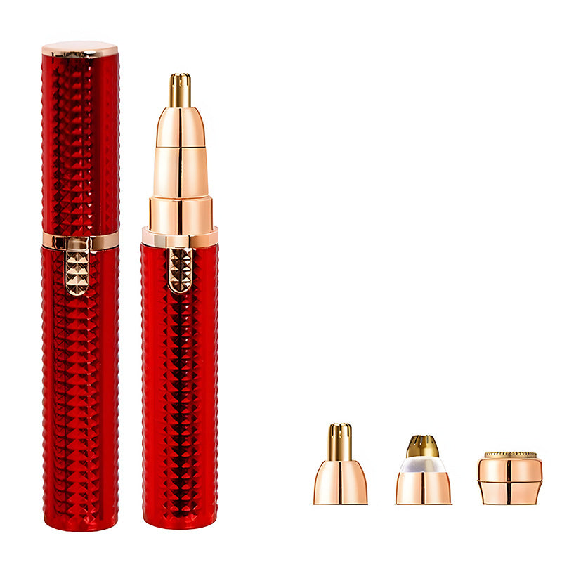 3-in-1 Rechargeable Electric Trimmer for Women - Nose, Eyebrow & Facial Hair Remover with Washable Heads & LED Light red