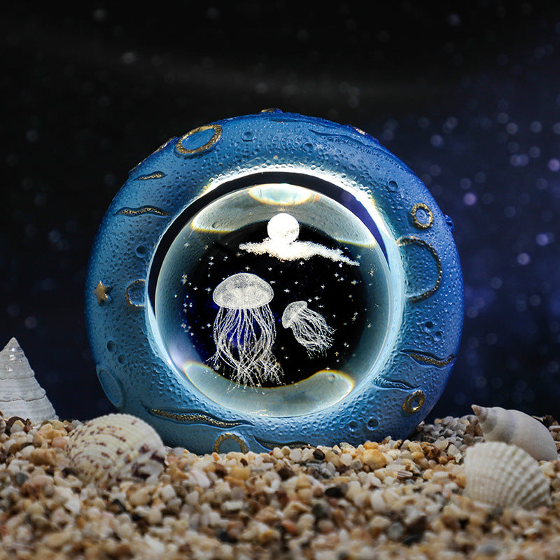 Celestial Ring LED Crystal Ball Lamp - 3D Engraving, Unique Gift Jellyfish