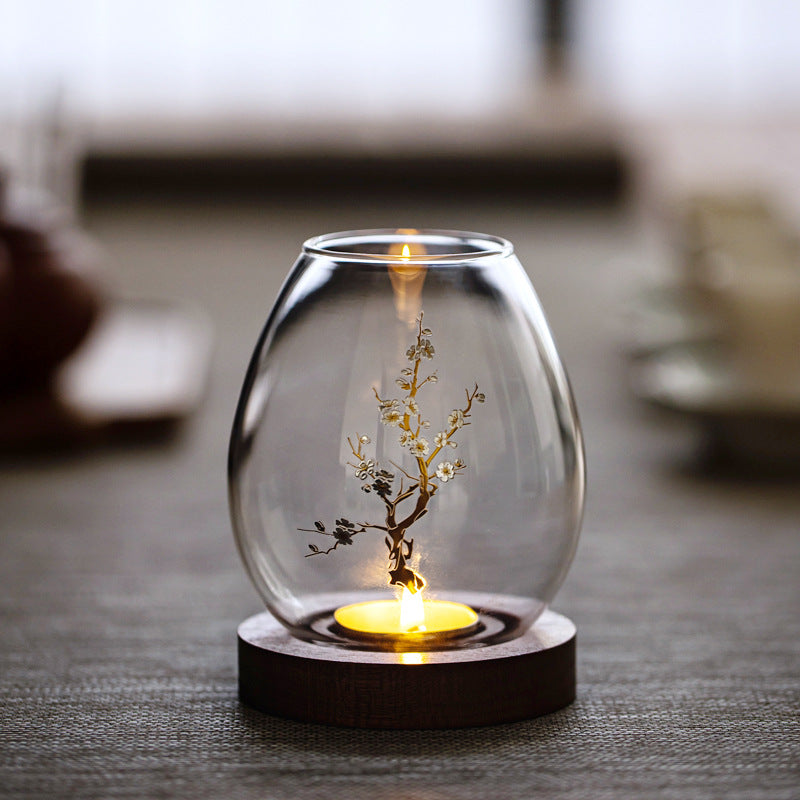 Windproof Glass Candle Cover with Wood Base - For Tealights, Zen Home Accent Plum blossom candlestick