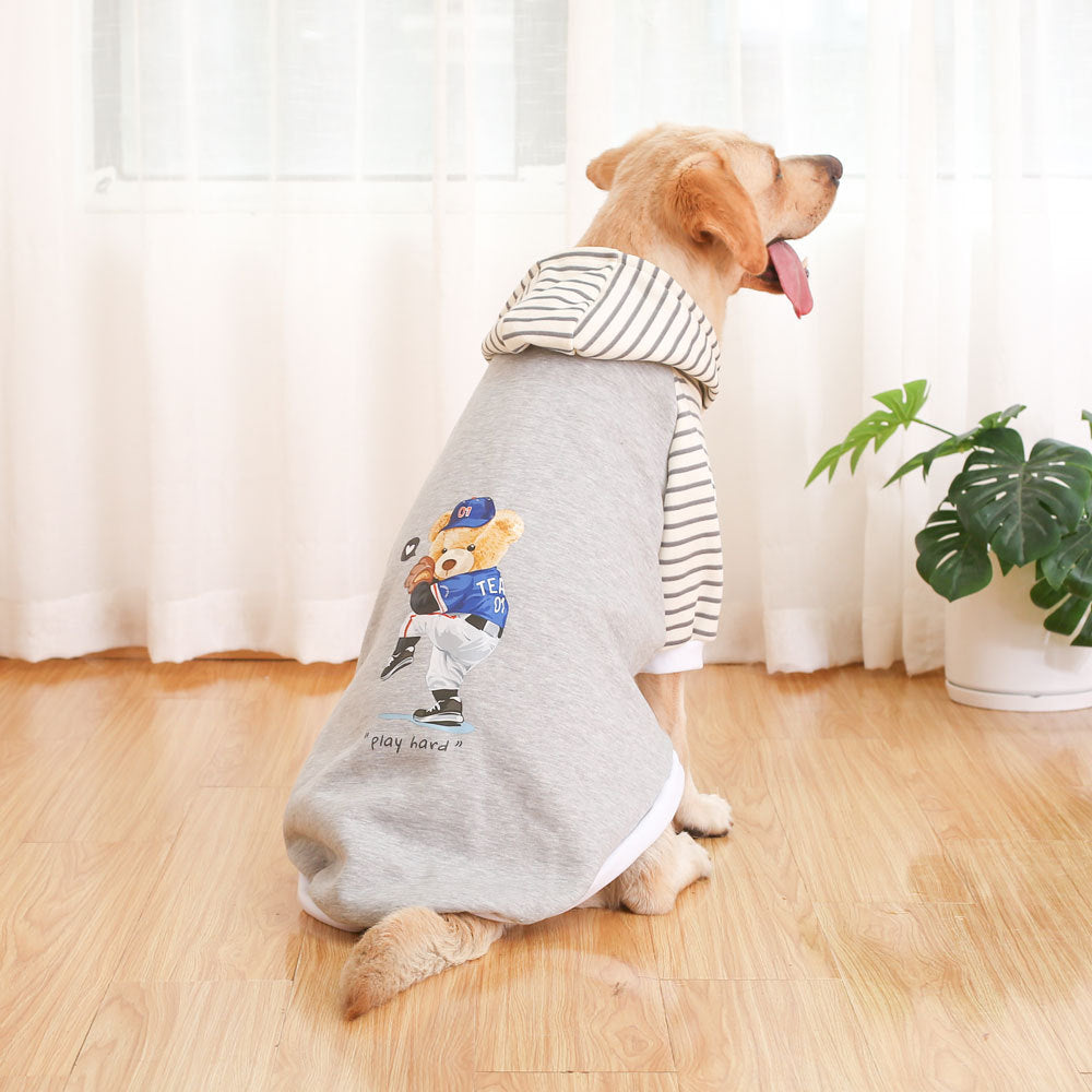 Autumn/Winter Dog Clothes - Grey Hoodie with Striped Hood & Baseball Bear Size - S