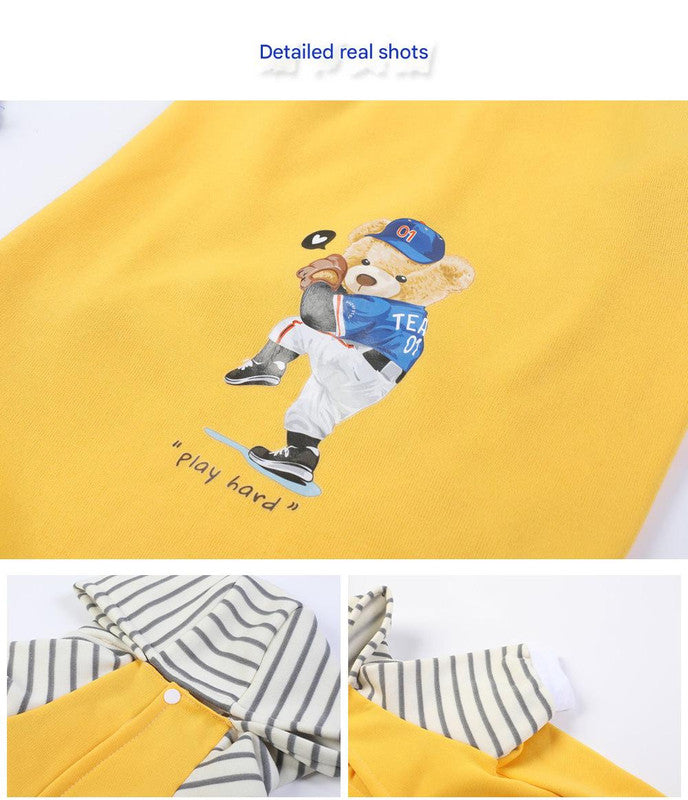 Autumn/Winter Dog Clothes - Grey Hoodie with Striped Hood & Baseball Bear Size - S