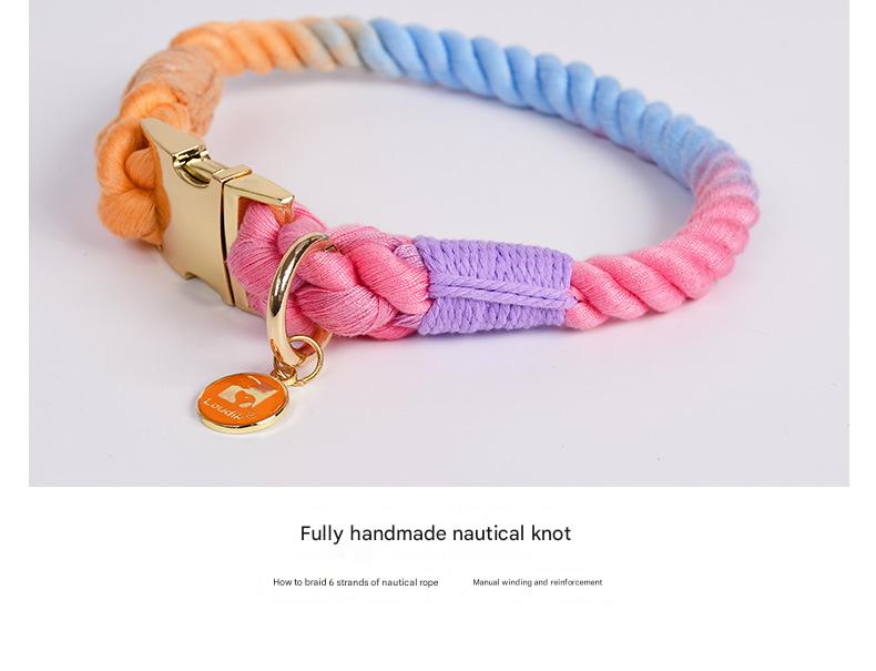 Handmade Gradient Rope Dog Collar & Leash Set - Colorful Braided Cotton Pink - Size S