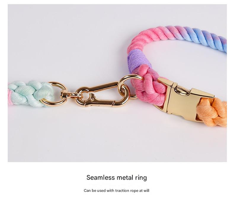 Handmade Gradient Rope Dog Collar & Leash Set - Colorful Braided Cotton Pink - Size S