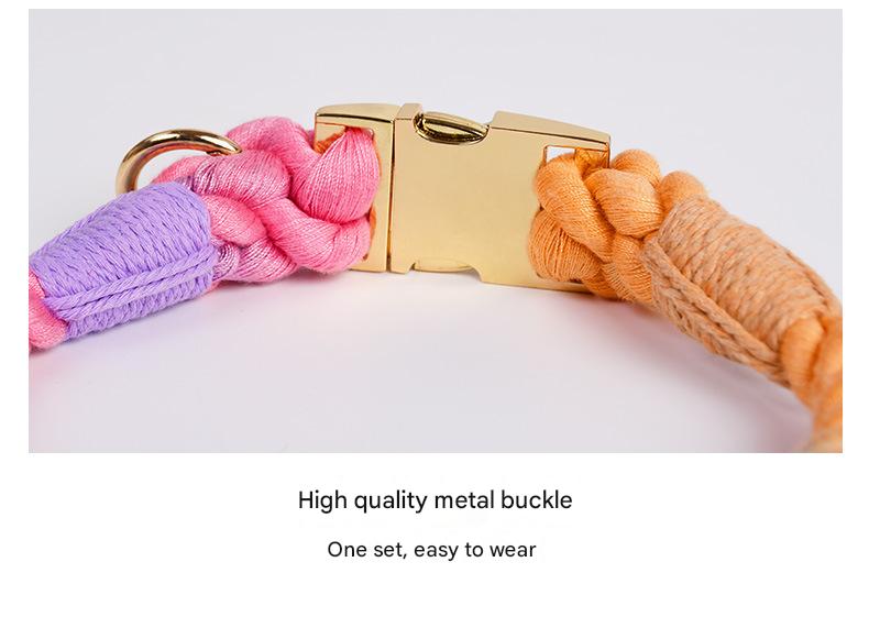Handmade Gradient Rope Dog Collar & Leash Set - Colorful Braided Cotton Light green - Size S