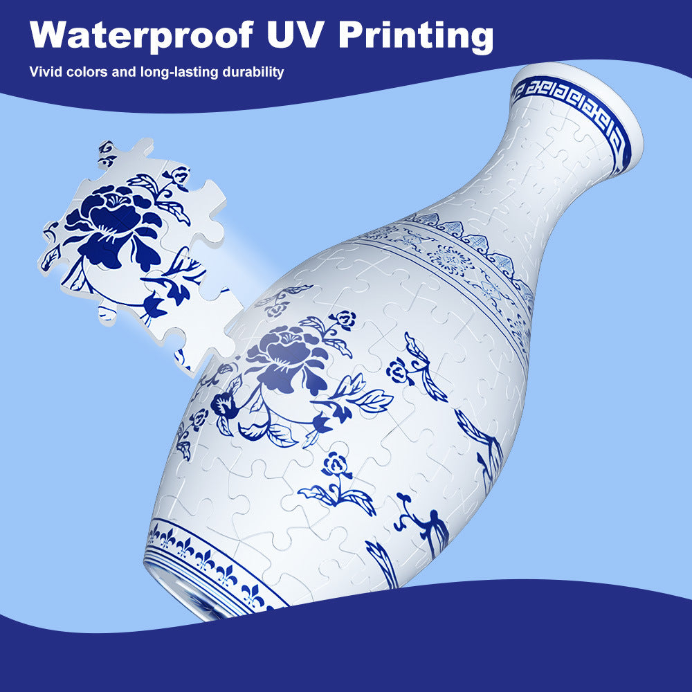 Unique 3D Puzzle Vase with Built-in Water Holder - Fun DIY Project Blue and White
