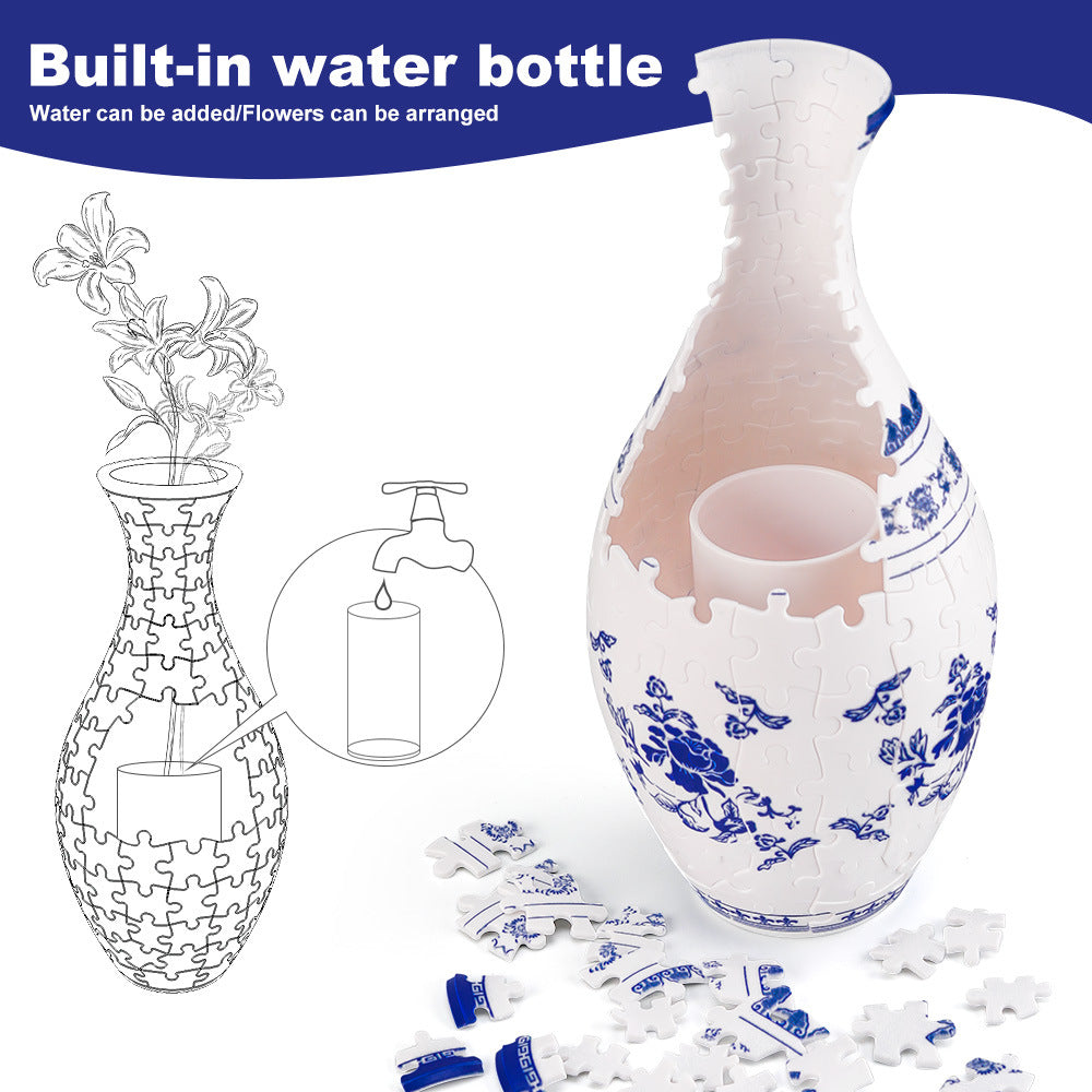 Unique 3D Puzzle Vase with Built-in Water Holder - Fun DIY Project Blue and White