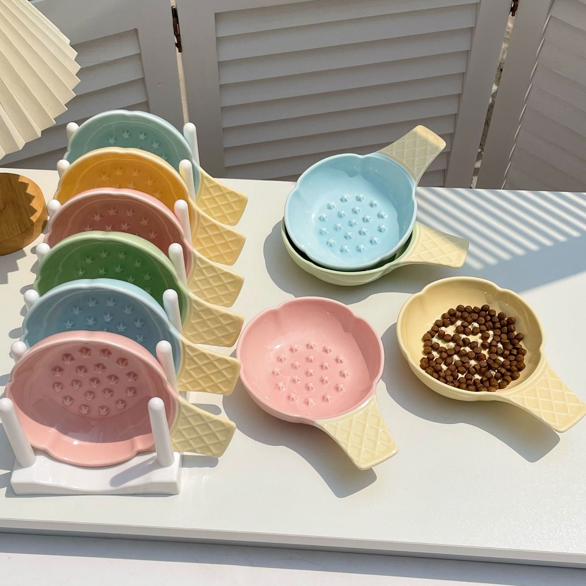 Green and Yellow Adorable Ice Cream Cone Ceramic Slow Feeder Pet Bowl - Fun Anti-Gulp Design for Cats & Dogs