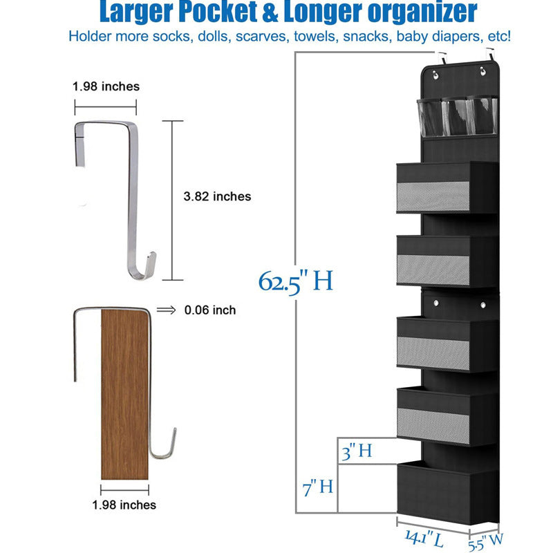 Black Heavy Duty 5-Tier Over-The-Door Hanging Organizer - Space-Saving Storage with Clear Windows & Mesh Pockets