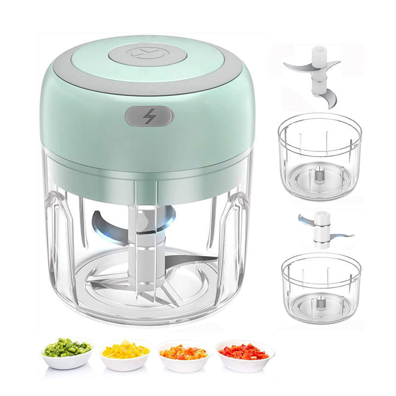 Green Compact Cordless Electric Mini Food Chopper Set - USB Rechargeable Garlic Masher & Veggie Dicer 100ml & 250ml