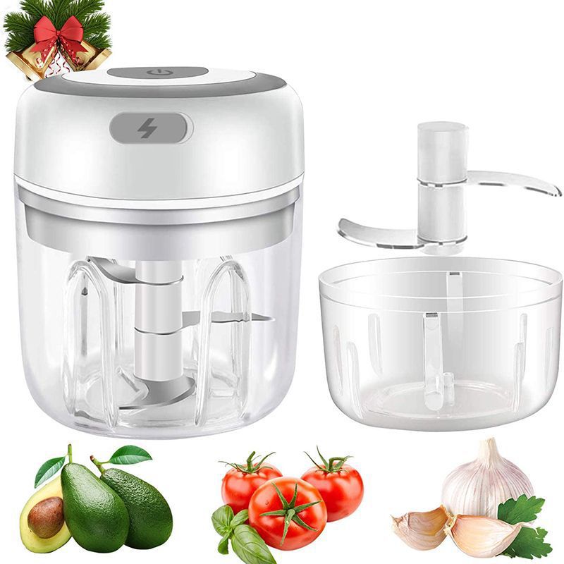 White Compact Cordless Electric Mini Food Chopper Set - USB Rechargeable Garlic Masher & Veggie Dicer 100ml & 250ml