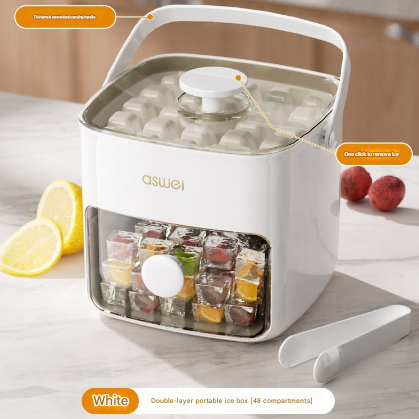 White Innovative Press-Release Ice Cube Maker - Dual Layer Trays & Storage Bin 48 Cubes