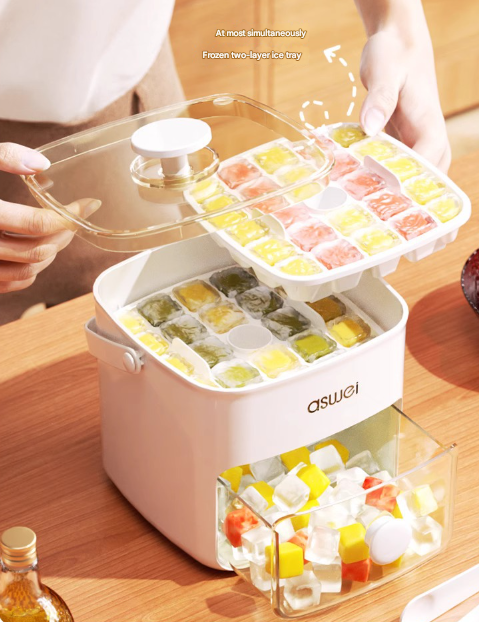 White Innovative Press-Release Ice Cube Maker - Dual Layer Trays & Storage Bin 48 Cubes