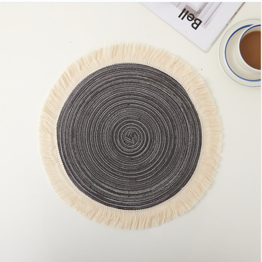 Grey Chic Round Woven Placemats with Tassel Fringe - Set of 4, Cotton Ramie Blend, Heat Resistant Table Mats