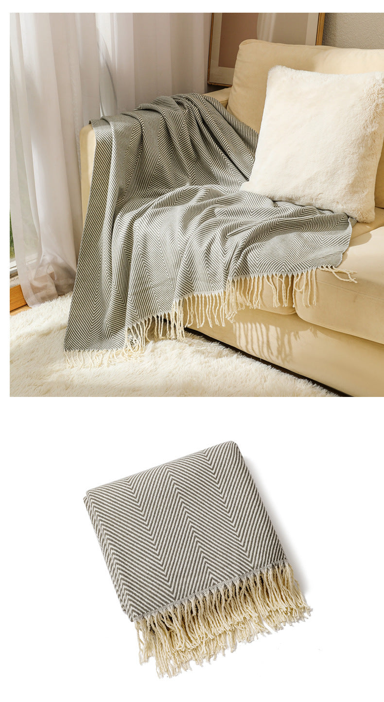 Grey Elegant Herringbone Tassel Throw Blanket - Large Acrylic Faux Cashmere Soft Cozy Blanket for Sofa, Bed & Decor 130x240cm