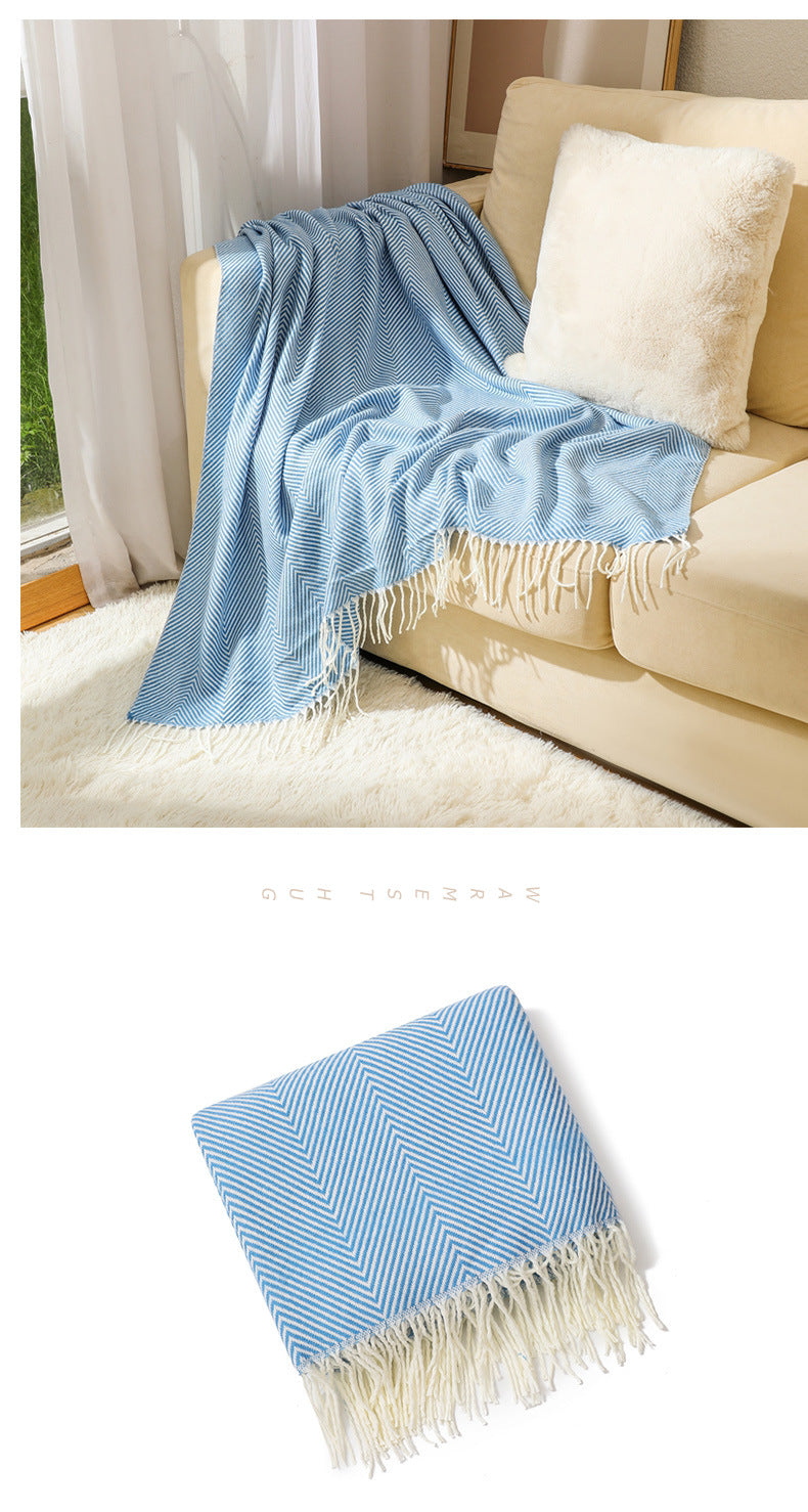 Blue Elegant Herringbone Tassel Throw Blanket - Large Acrylic Faux Cashmere Soft Cozy Blanket for Sofa, Bed & Decor 130x240cm