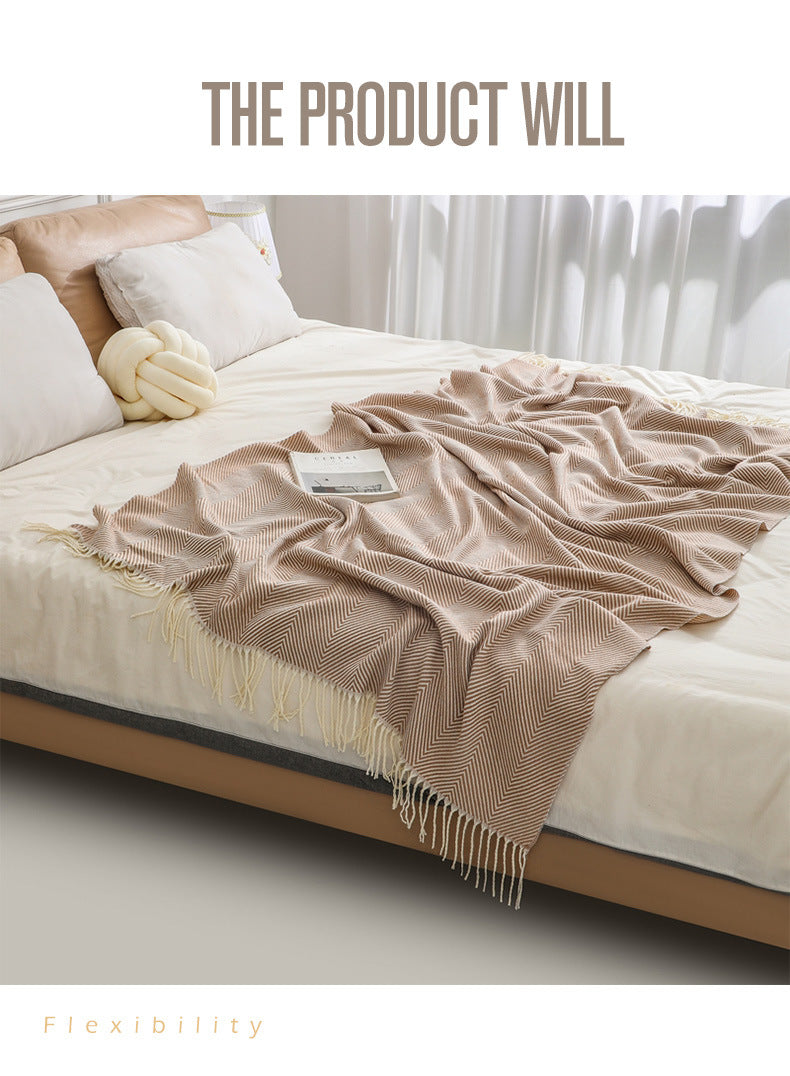 Khaki Elegant Herringbone Tassel Throw Blanket - Large Acrylic Faux Cashmere Soft Cozy Blanket for Sofa, Bed & Decor 130x240cm