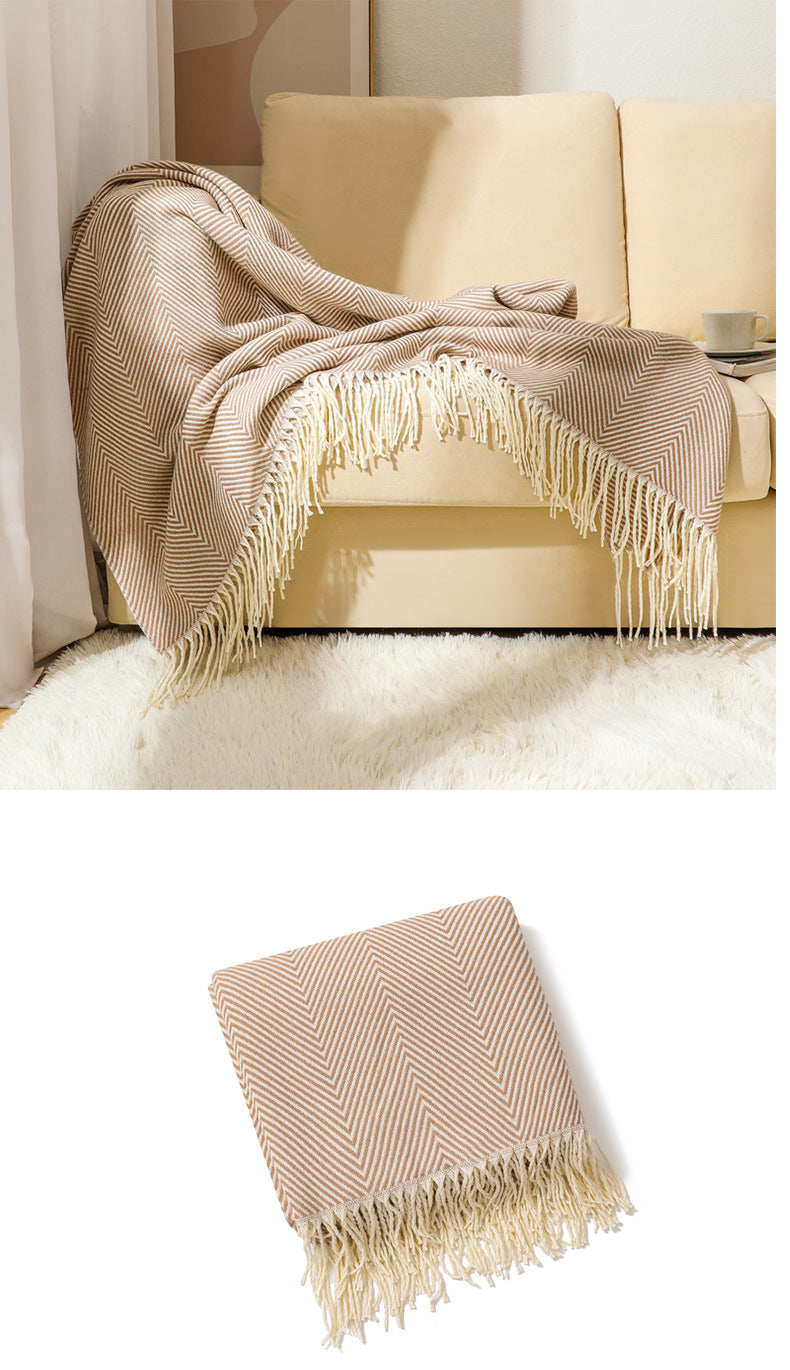 Khaki Elegant Herringbone Tassel Throw Blanket - Large Acrylic Faux Cashmere Soft Cozy Blanket for Sofa, Bed & Decor 130x240cm