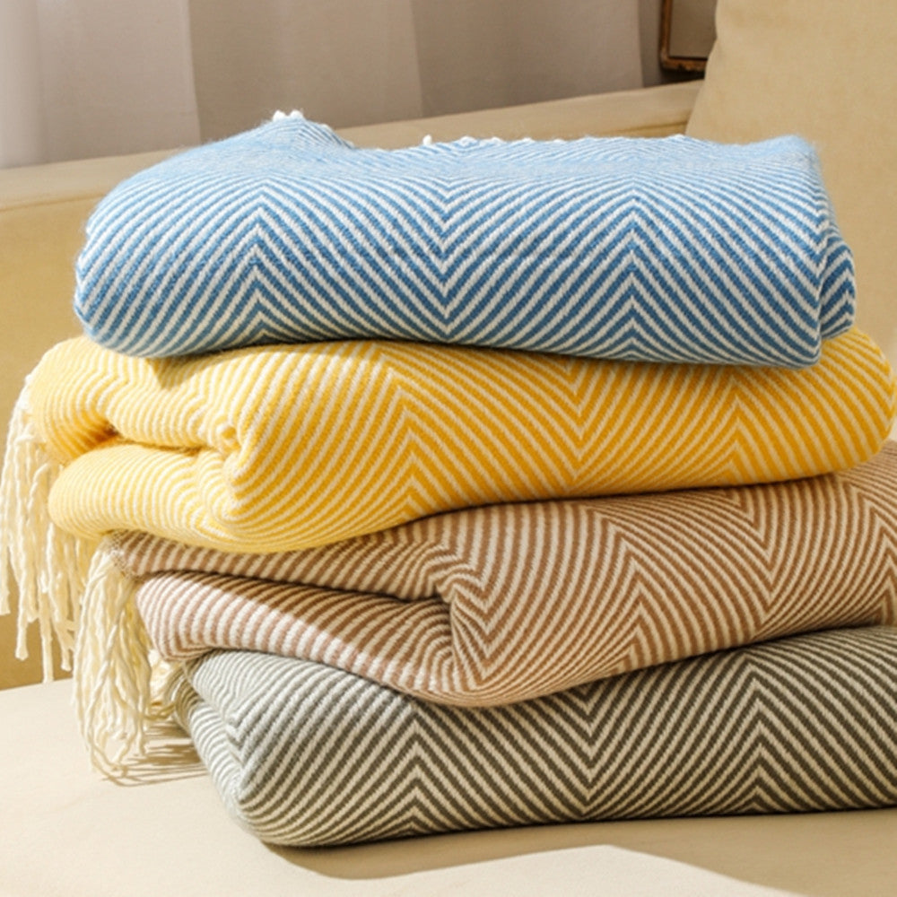 Yellow Elegant Herringbone Tassel Throw Blanket - Large Acrylic Faux Cashmere Soft Cozy Blanket for Sofa, Bed & Decor 130x240cm