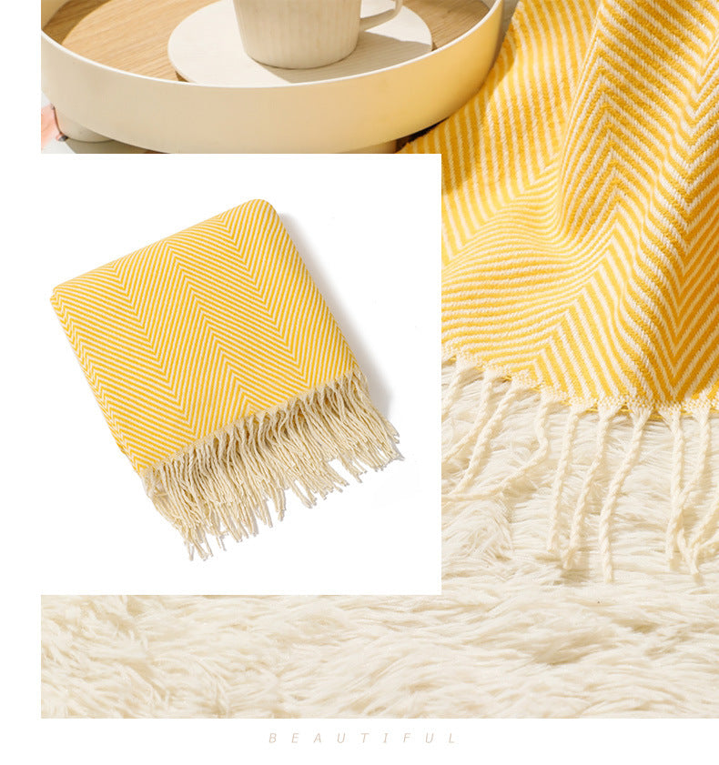 Yellow Elegant Herringbone Tassel Throw Blanket - Large Acrylic Faux Cashmere Soft Cozy Blanket for Sofa, Bed & Decor 130x240cm
