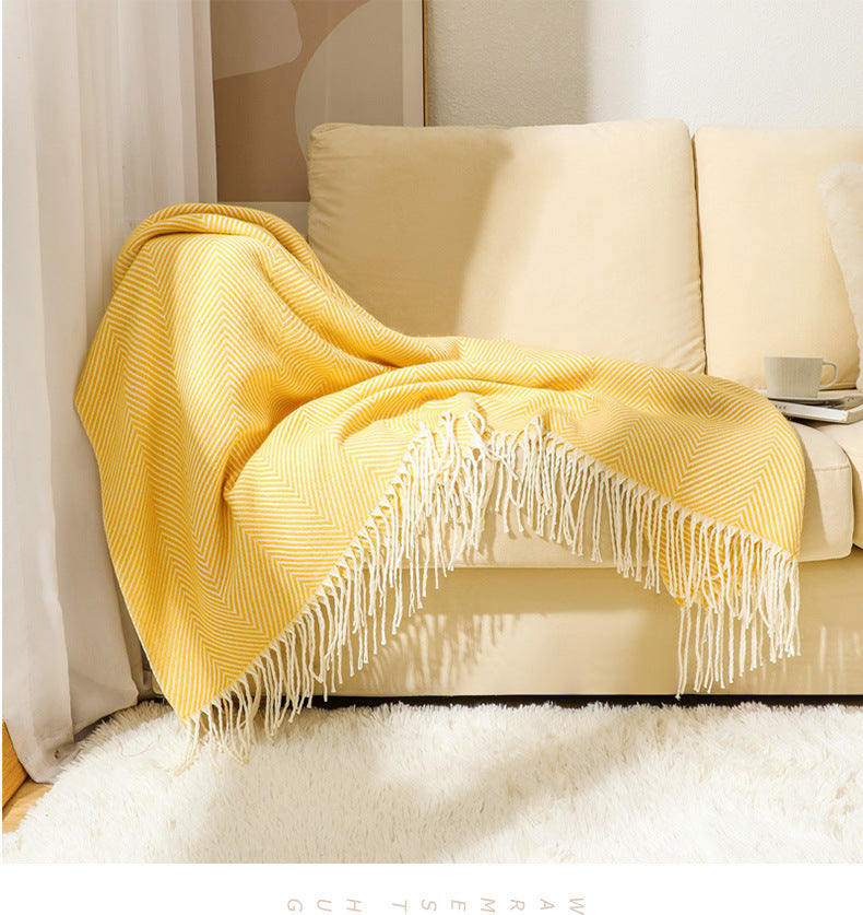 Yellow Elegant Herringbone Tassel Throw Blanket - Large Acrylic Faux Cashmere Soft Cozy Blanket for Sofa, Bed & Decor 130x240cm