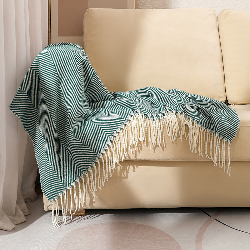 Green Elegant Herringbone Tassel Throw Blanket - Large Acrylic Faux Cashmere Soft Cozy Blanket for Sofa, Bed & Decor 130x240cm