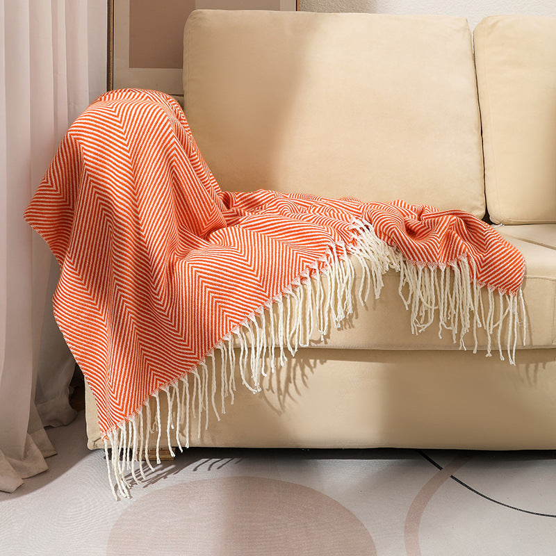 Orange Elegant Herringbone Tassel Throw Blanket - Large Acrylic Faux Cashmere Soft Cozy Blanket for Sofa, Bed & Decor 130x240cm