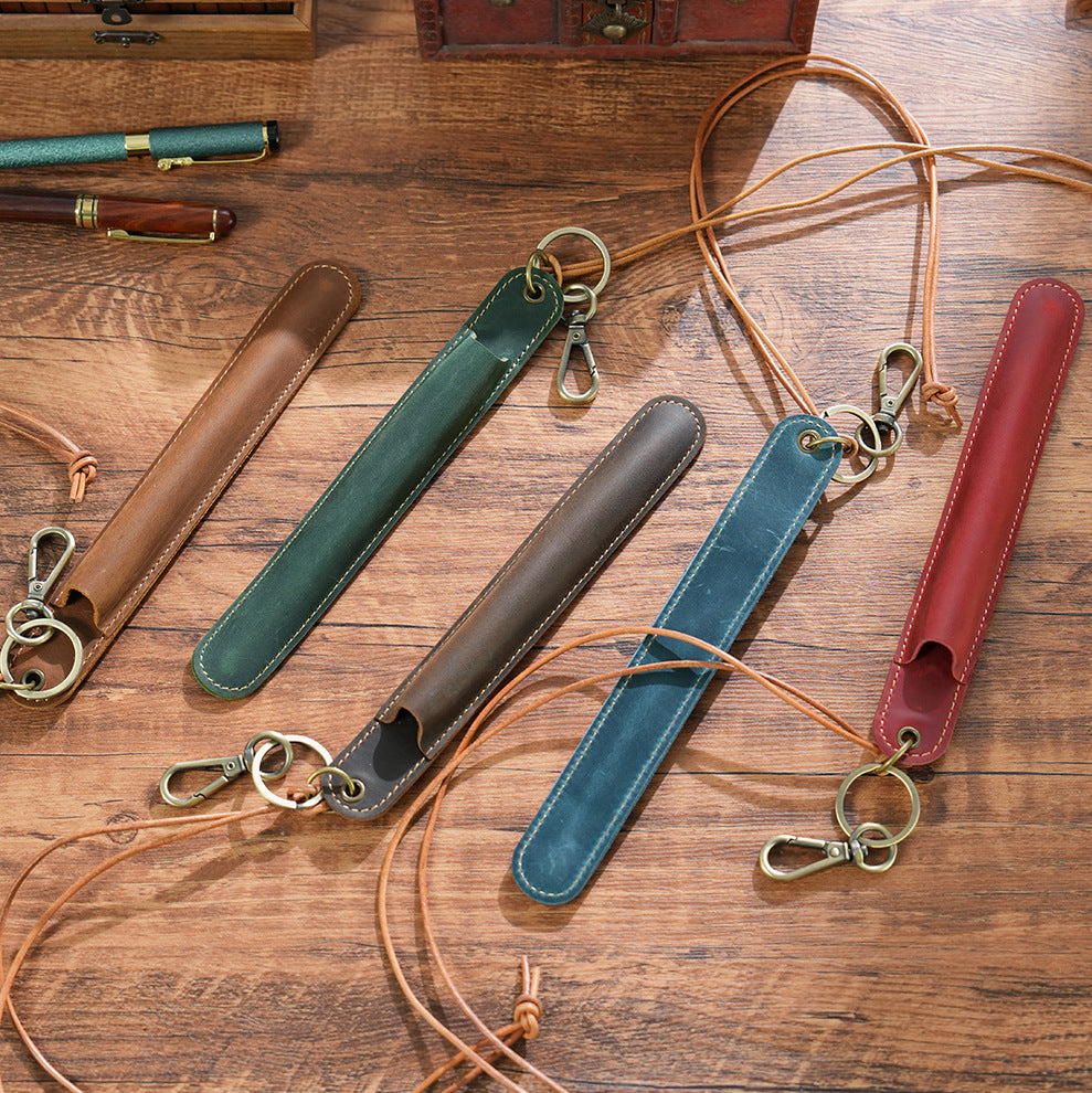 Coffee Vintage Top-Grain Leather Pen Sleeve Holder with Neck Strap - Protective Single Pen Case