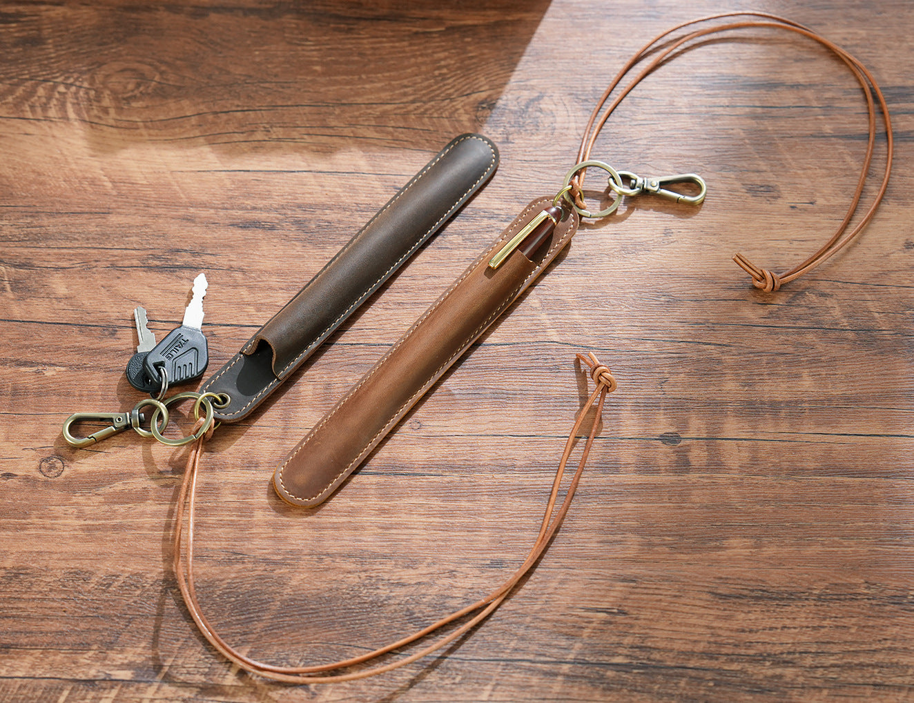 Coffee Vintage Top-Grain Leather Pen Sleeve Holder with Neck Strap - Protective Single Pen Case