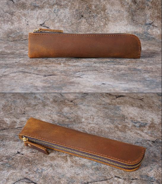 Red Vintage Crazy Horse Leather Zippered Pen Case - Retro Pencil Pouch & Small Accessories Bag