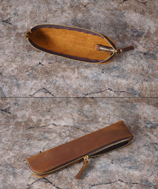 Red Vintage Crazy Horse Leather Zippered Pen Case - Retro Pencil Pouch & Small Accessories Bag