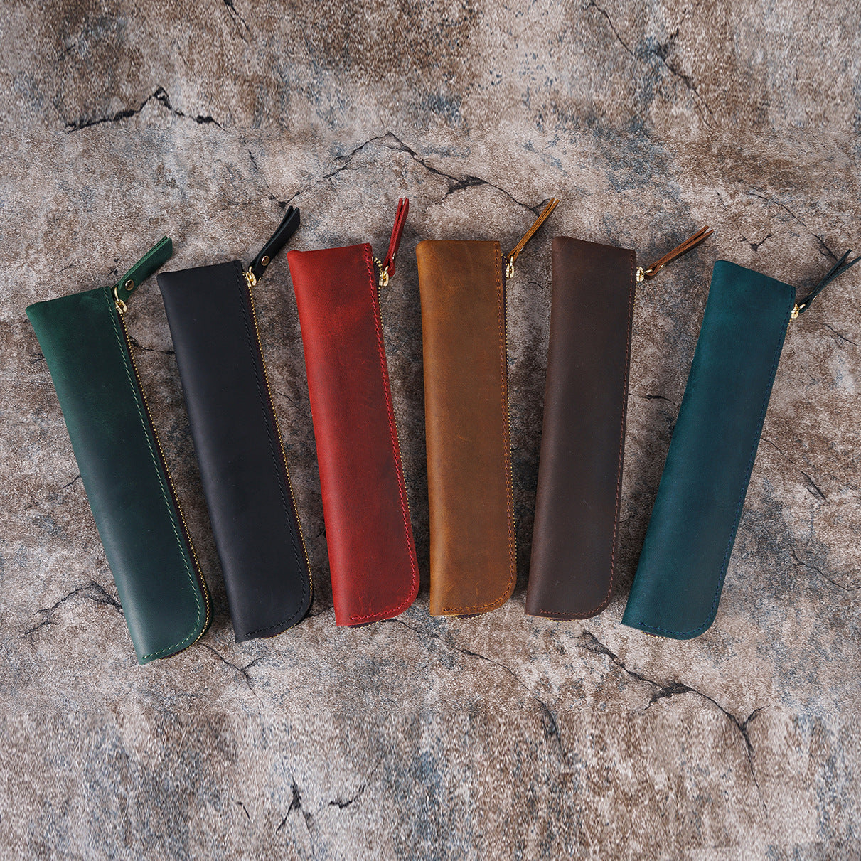 Red Vintage Crazy Horse Leather Zippered Pen Case - Retro Pencil Pouch & Small Accessories Bag