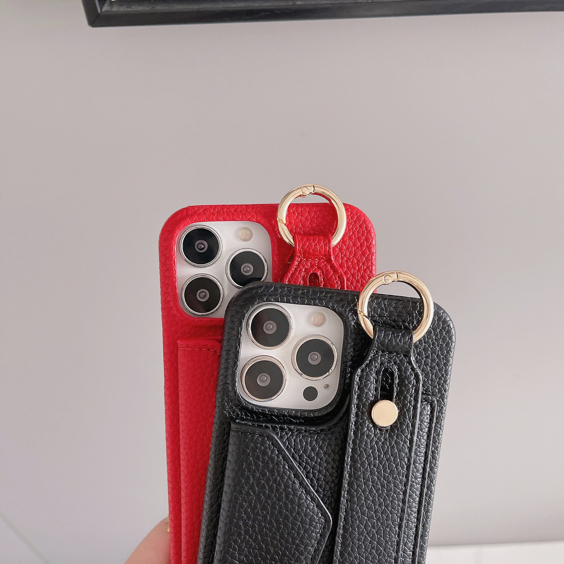 Black Chic PU Leather Crossbody Wallet Case for iPhone 16 - Card Holder with Detachable Strap & Finger Ring Grip