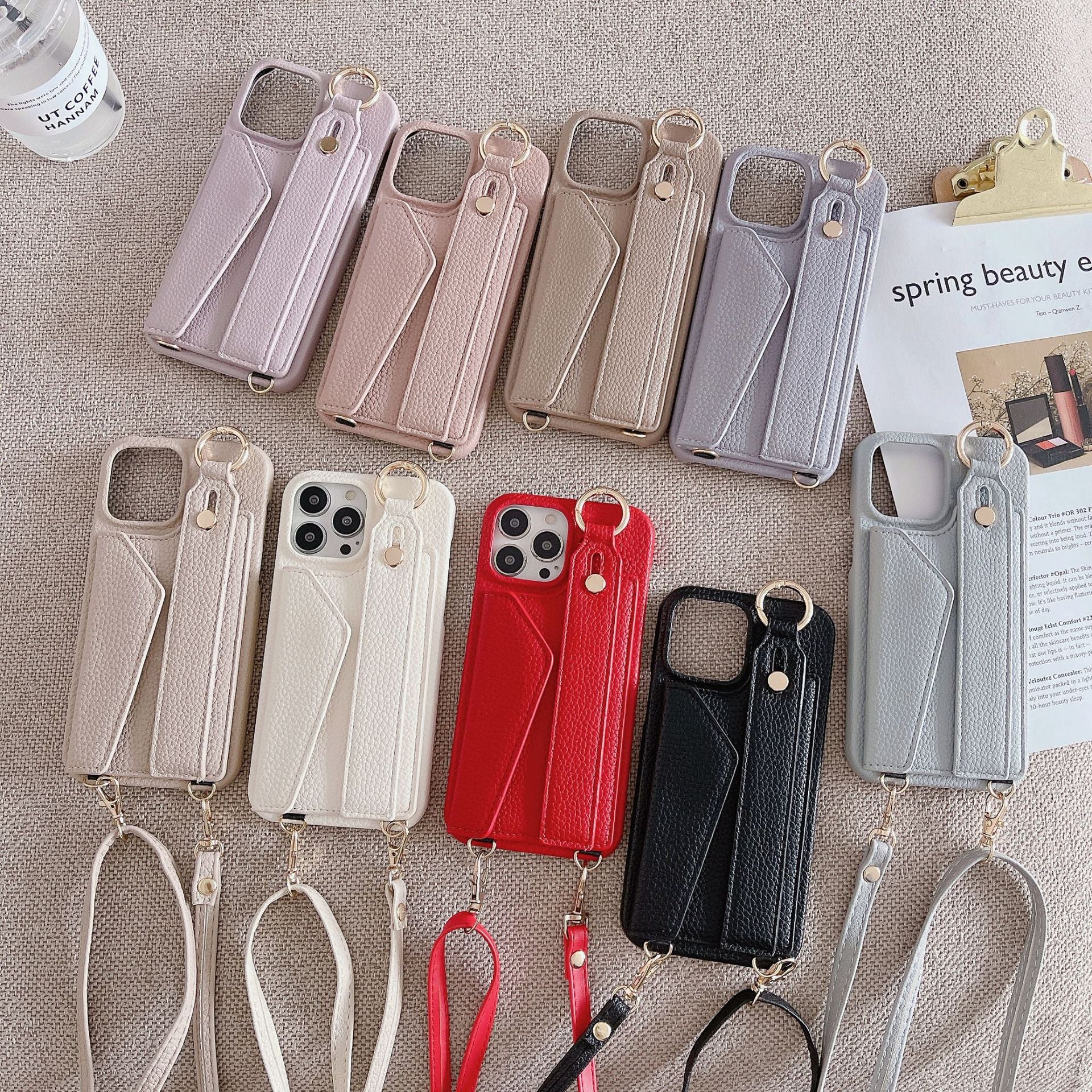 Beige Chic PU Leather Crossbody Wallet Case for iPhone 16 - Card Holder with Detachable Strap & Finger Ring Grip