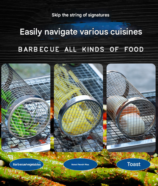 2 Pcs Size L Silver Rolling Stainless Steel BBQ Grill Basket - Cylindrical Grilling Cage for Veggies, Meats & More 304 Food-Grade