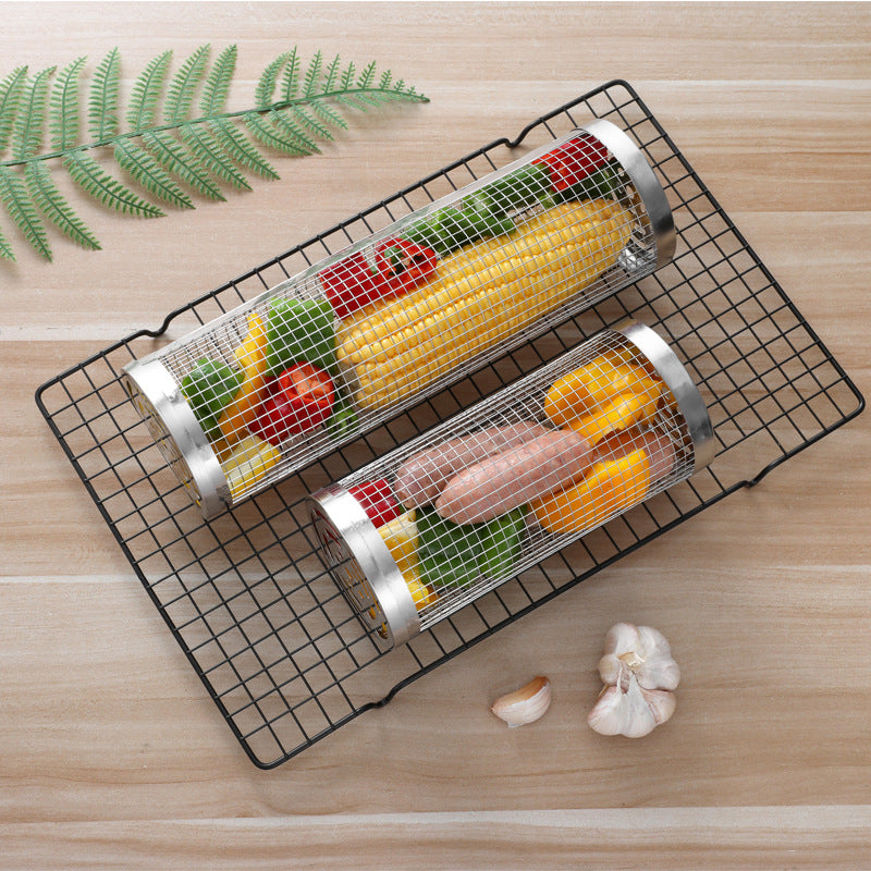 Silver 2-Piece Rolling Stainless Steel BBQ Grill Basket Set Small & Large - 304 Food-Grade Grilling Cages with Hooks