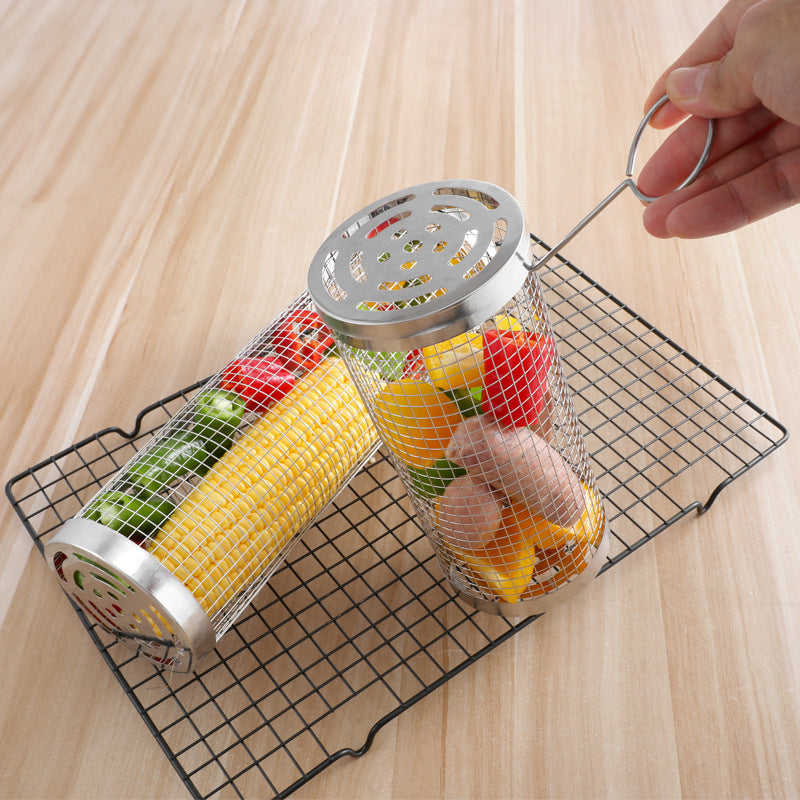 Silver 2-Piece Rolling Stainless Steel BBQ Grill Basket Set Small & Large - 304 Food-Grade Grilling Cages with Hooks