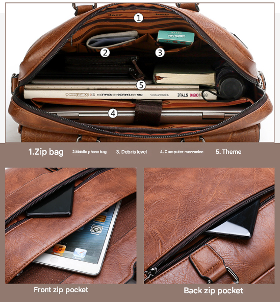 Coffee Men's PU Leather Briefcase - Vintage Style Laptop Messenger Bag, Crossbody Satchel for Business & Casual