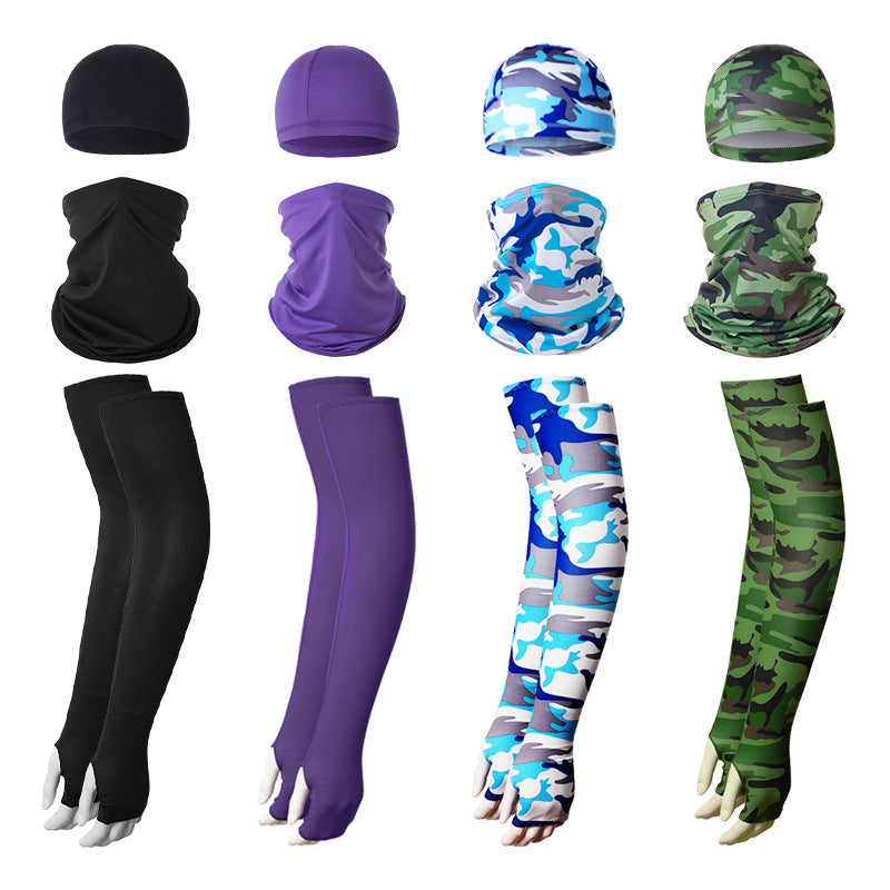 2 Sets Orange Camouflage Cooling UV Protection Set - 2 Skull Cap, 2 Neck Gaiter & 4 Arm Sleeves for Outdoor Sports