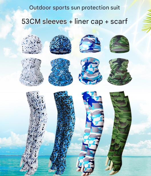 2 Sets Orange Camouflage Cooling UV Protection Set - 2 Skull Cap, 2 Neck Gaiter & 4 Arm Sleeves for Outdoor Sports