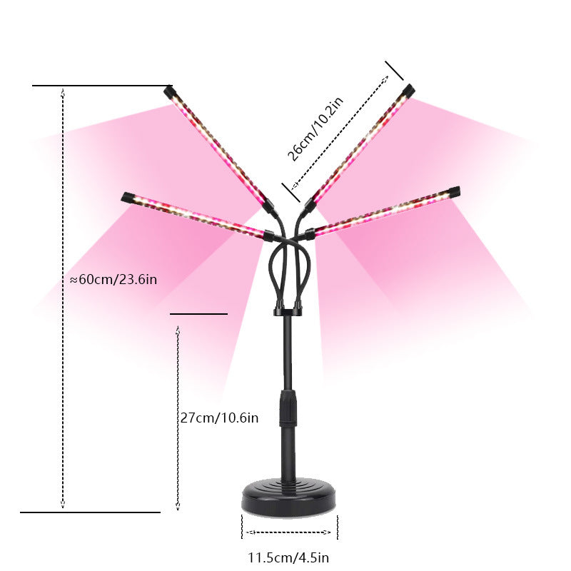 Black Adjustable 4-Head LED Grow Light - Full Spectrum Desktop Plant Lamp with Telescopic Stand, USB Powered for Indoor Seedlings & Flowers