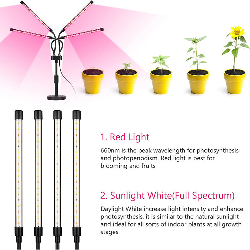 Black Adjustable 4-Head LED Grow Light - Full Spectrum Desktop Plant Lamp with Telescopic Stand, USB Powered for Indoor Seedlings & Flowers