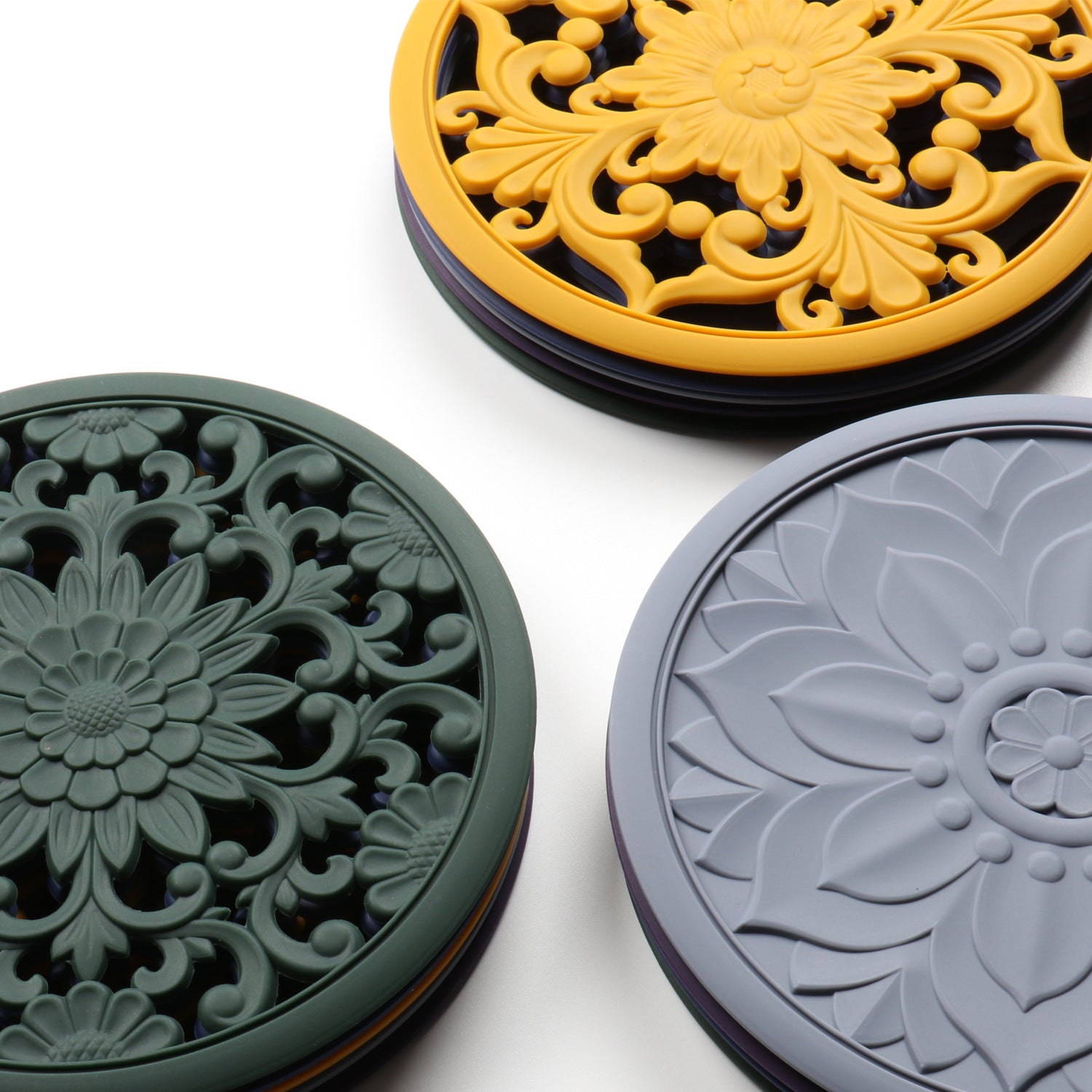 Elegant Floral Silicone Trivet Mat Set 3-Pack, Black - Heat Resistant, Non-Slip Kitchen Hot Pads & Pot Holders