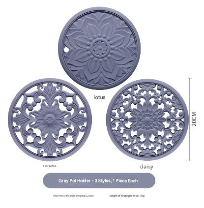 Elegant Floral Silicone Trivet Mat Set 3-Pack, Black - Heat Resistant, Non-Slip Kitchen Hot Pads & Pot Holders