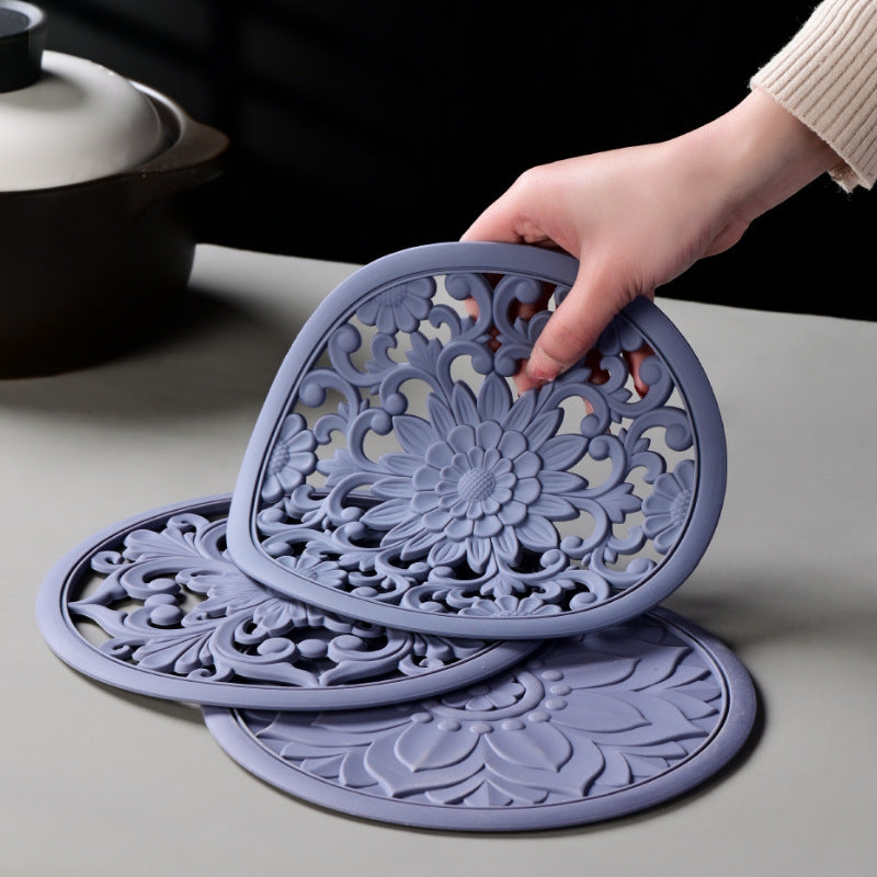 Elegant Floral Silicone Trivet Mat Set 3-Pack, Black - Heat Resistant, Non-Slip Kitchen Hot Pads & Pot Holders