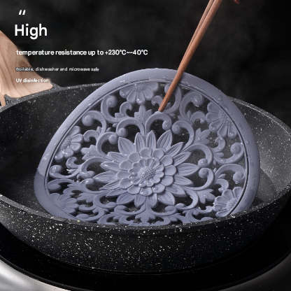 Elegant Floral Silicone Trivet Mat Set 3-Pack, Black - Heat Resistant, Non-Slip Kitchen Hot Pads & Pot Holders