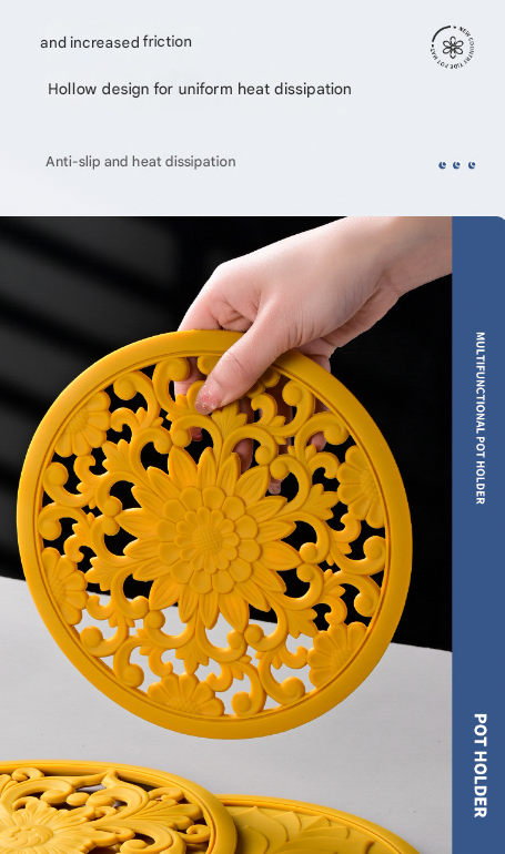 Elegant Floral Silicone Trivet Mat Set 3-Pack, Yellow - Heat Resistant, Non-Slip Kitchen Hot Pads & Pot Holders