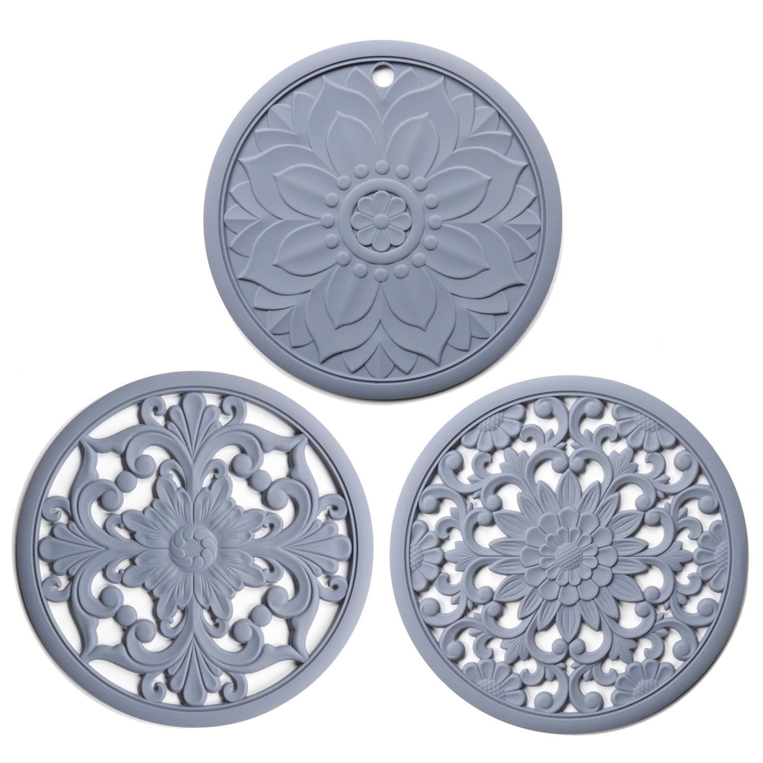 Elegant Floral Silicone Trivet Mat Set 3-Pack, Grey - Heat Resistant, Non-Slip Kitchen Hot Pads & Pot Holders