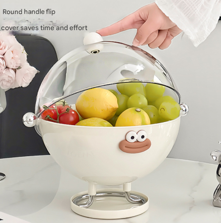 Beige Whimsical Covered Fruit Bowl with Flip Lid & Drainer - Cute Design Snack & Candy Dish for Living Room